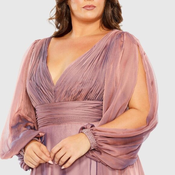 Mac Duggal Plus Size 16W Pink Puff Sleeve Embellished Cuff V-Neck A Line Gown - Picture 2 of 16